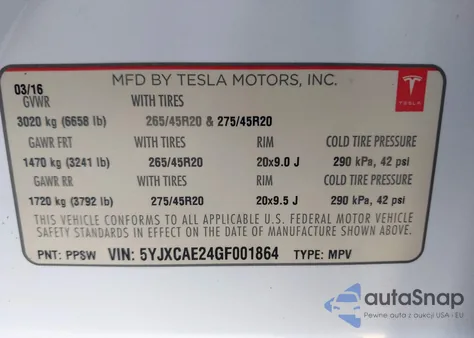 2016 Tesla Model X 60D/70D/75D/90D z USA, uszkodzony, nr VIN 5YJXCAE24GF001864